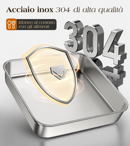 CONTENITORE PER ALIMENTI IN ACCIAIO INOX 304 (25 × 20 × 6 CM) – 2400 ML CON COPERCHIO ERMETICO