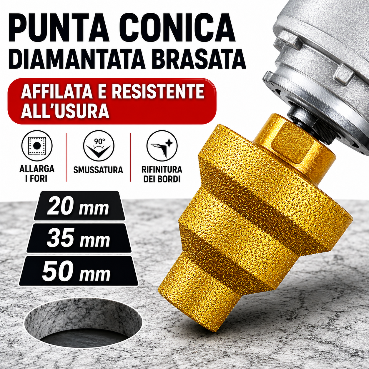 Punta Diamantata Allargafori e Smussatura a 3 Livelli 20-35-50mm (Accessori Inclusi)