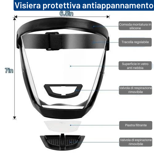 La visiera protegge il viso dalle polveri sottili e dalla nebbia, protezione completa ✓