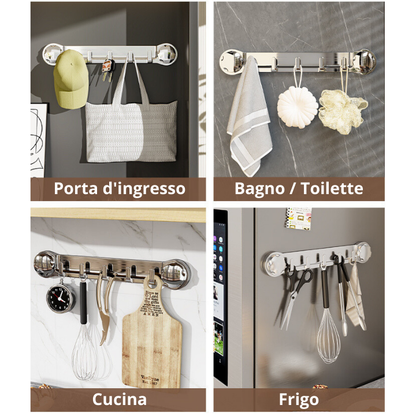 Supporti in acciaio inox con 5 ganci, comodi e capaci di sostenere fino a 20 kg