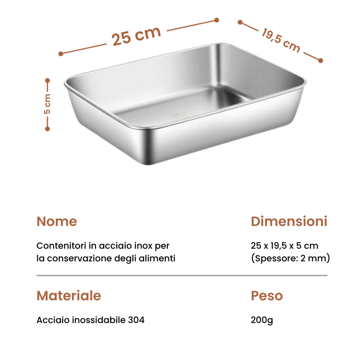 Scatola per la conservazione degli alimenti in acciaio inossidabile 304 (25 x 20 x 5 cm)