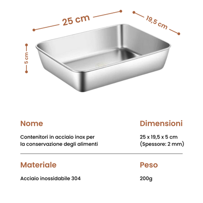 Scatola per la conservazione degli alimenti in acciaio inossidabile 304 (25 x 20 x 5 cm)