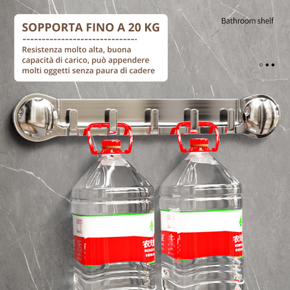 Supporti in acciaio inox con 5 ganci, comodi e capaci di sostenere fino a 20 kg