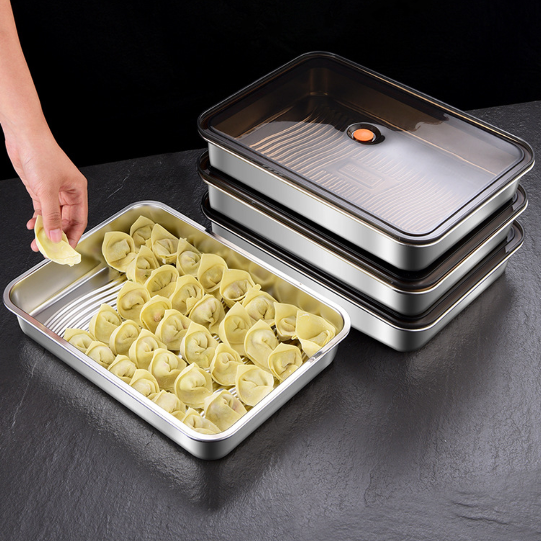 Contenitore per alimenti antibatterico in acciaio inox 304 con coperchio sottovuoto (22,5 x 15 x 6cm) (P)