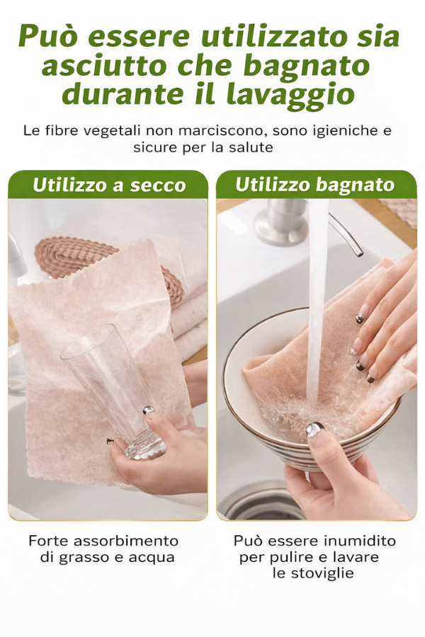 Panno multiuso in fibra di luffa. Super assorbente, separa il grasso, ideale per pulire la cucina, i tavoli e tutte le superfici.