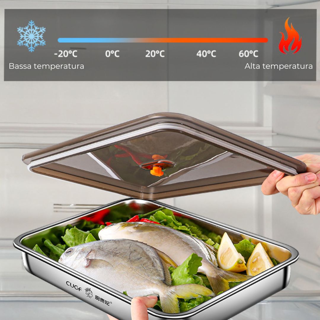🌟Contenitore per alimenti antibatterico in acciaio inox 304 con coperchio sottovuoto (22,5 x 15 x 6cm)