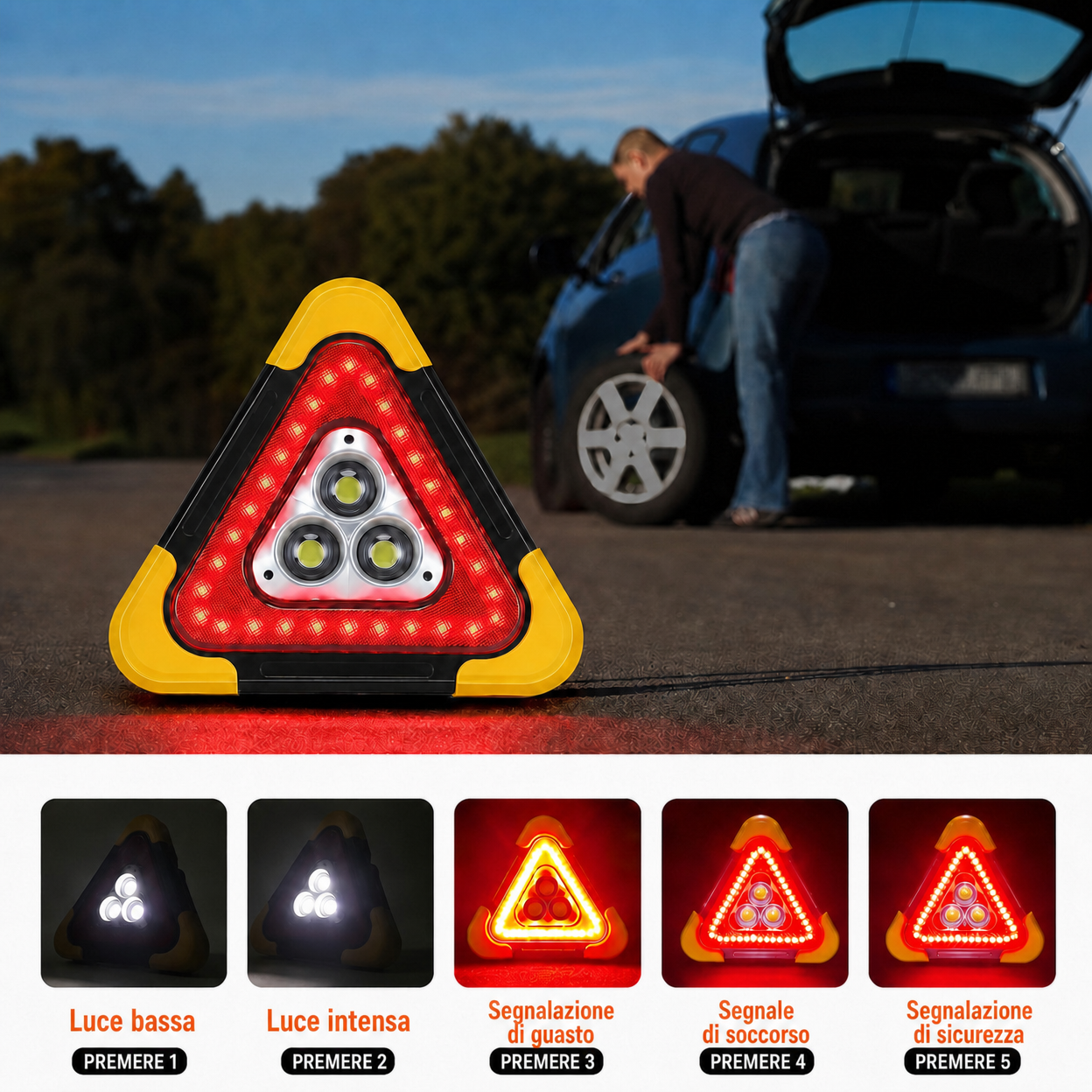 TRIANGOLO LED DI EMERGENZA 3 IN 1 – MASSIMA VISIBILITÀ E SICUREZZA SU STRADA