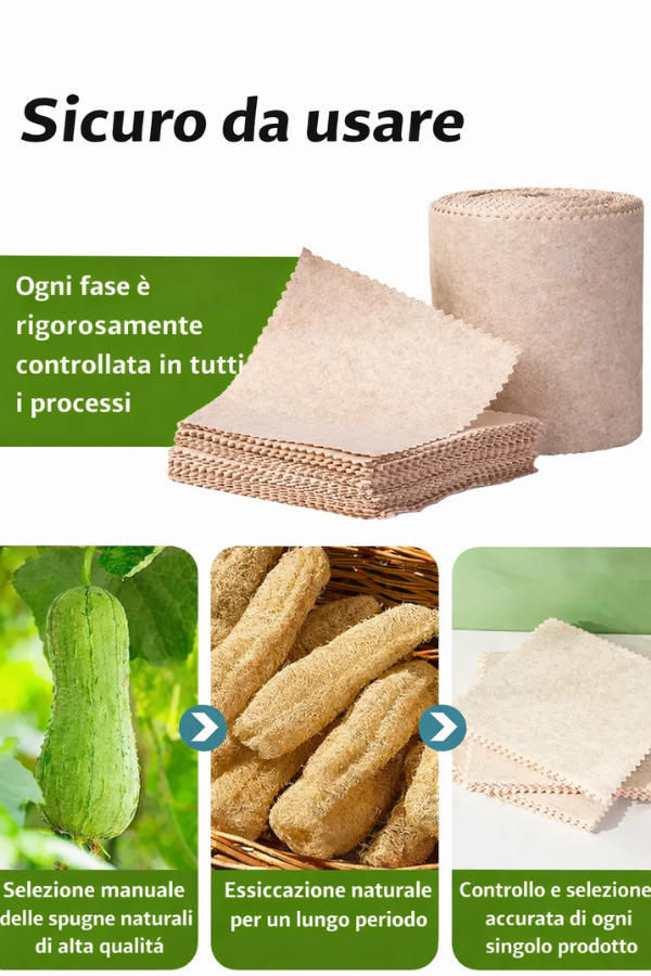 Panno multiuso in fibra di luffa. Super assorbente, separa il grasso, ideale per pulire la cucina, i tavoli e tutte le superfici.