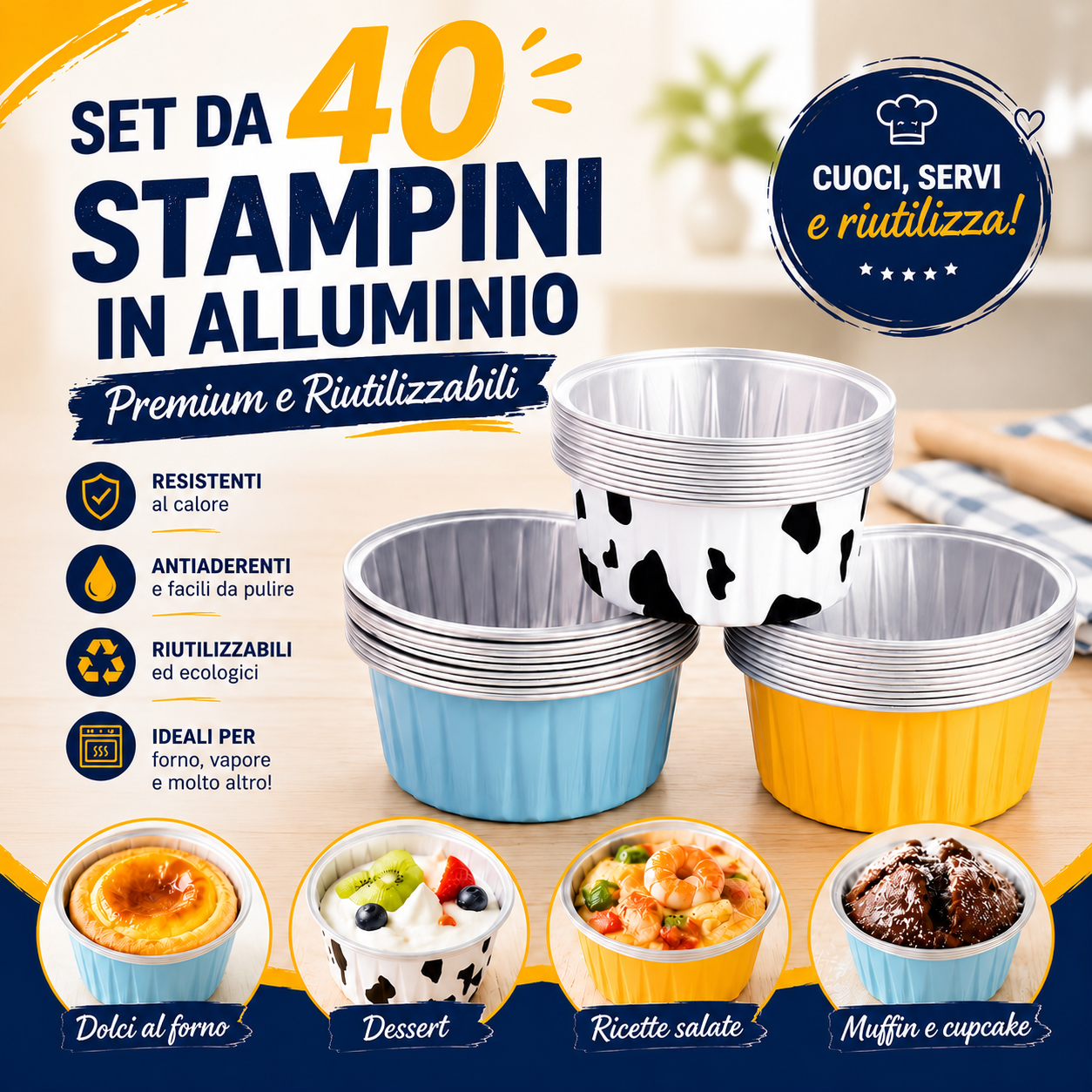 Combo da 40 Stampini in Alluminio Premium – Riutilizzabili, Ideali per Forno, Cottura al pore e Dolci Multifunzionali
