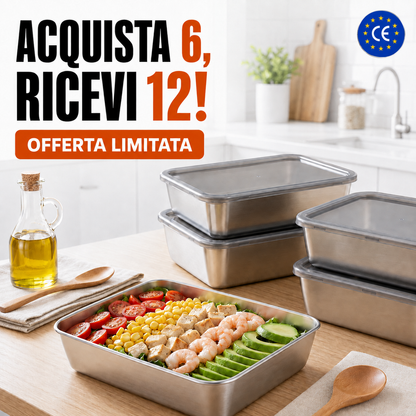 CONTENITORE PER ALIMENTI IN ACCIAIO INOX 304 (25 × 20 × 6 CM) – 2400 ML CON COPERCHIO ERMETICO