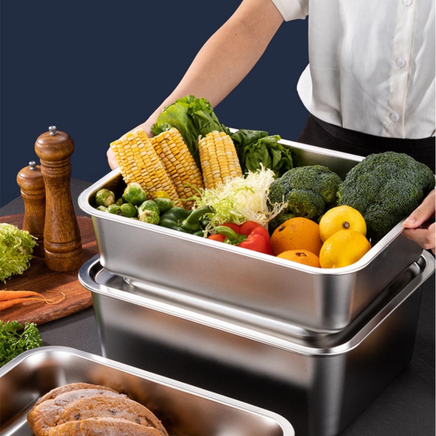 Set Da 2 Scatole Per Coperchio Del Vassoio Di Servizio In Acciaio Inox (22*15*6cm)