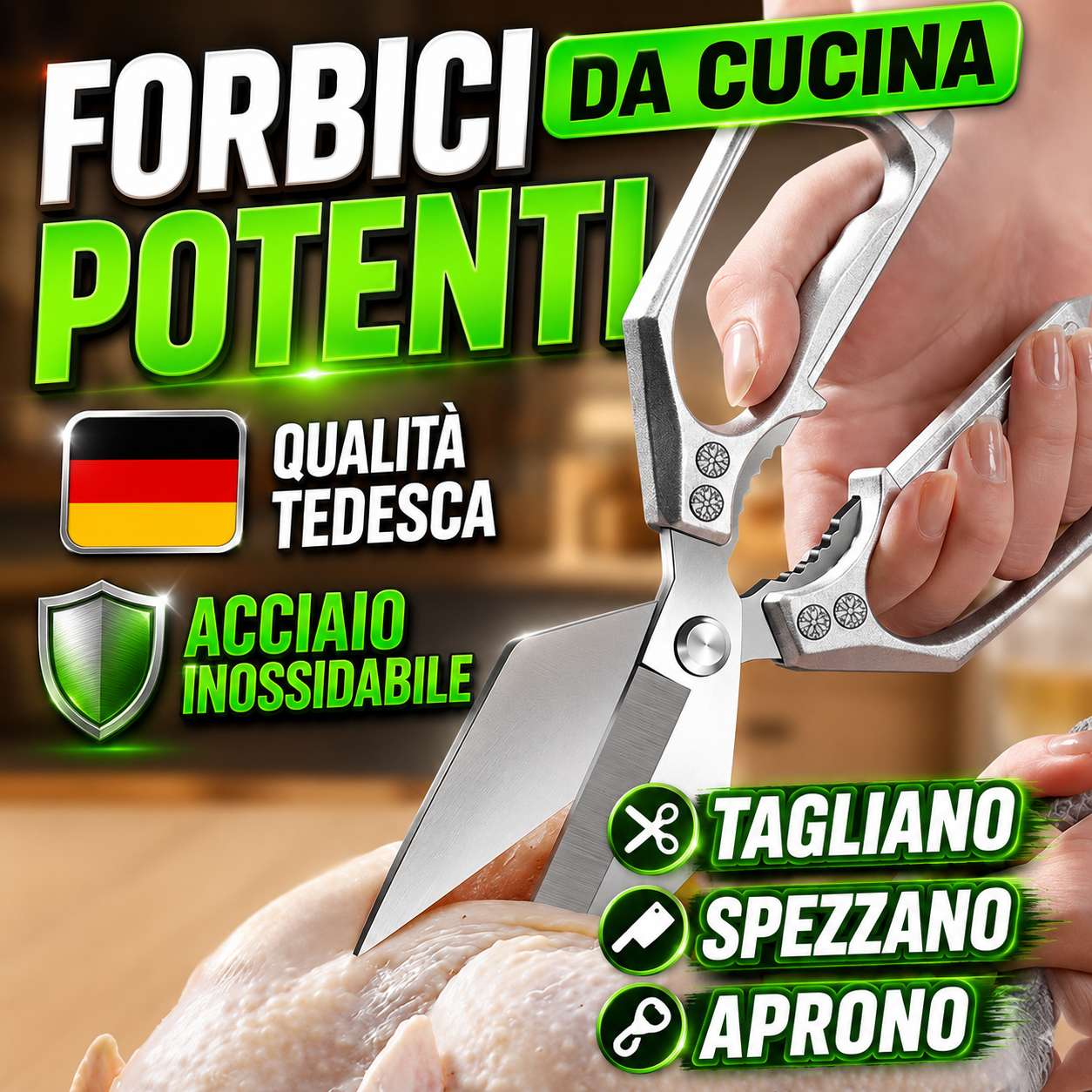 Forbici da cucina grandi in acciaio inox tedesco con lame a forma di diamante ✂️