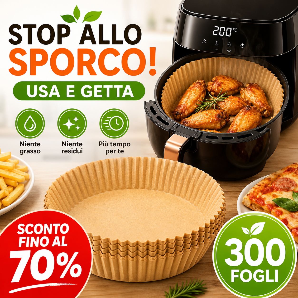 Set da 300 Fogli Antiaderenti Premium per Friggitrice ad Aria – Usa e Getta