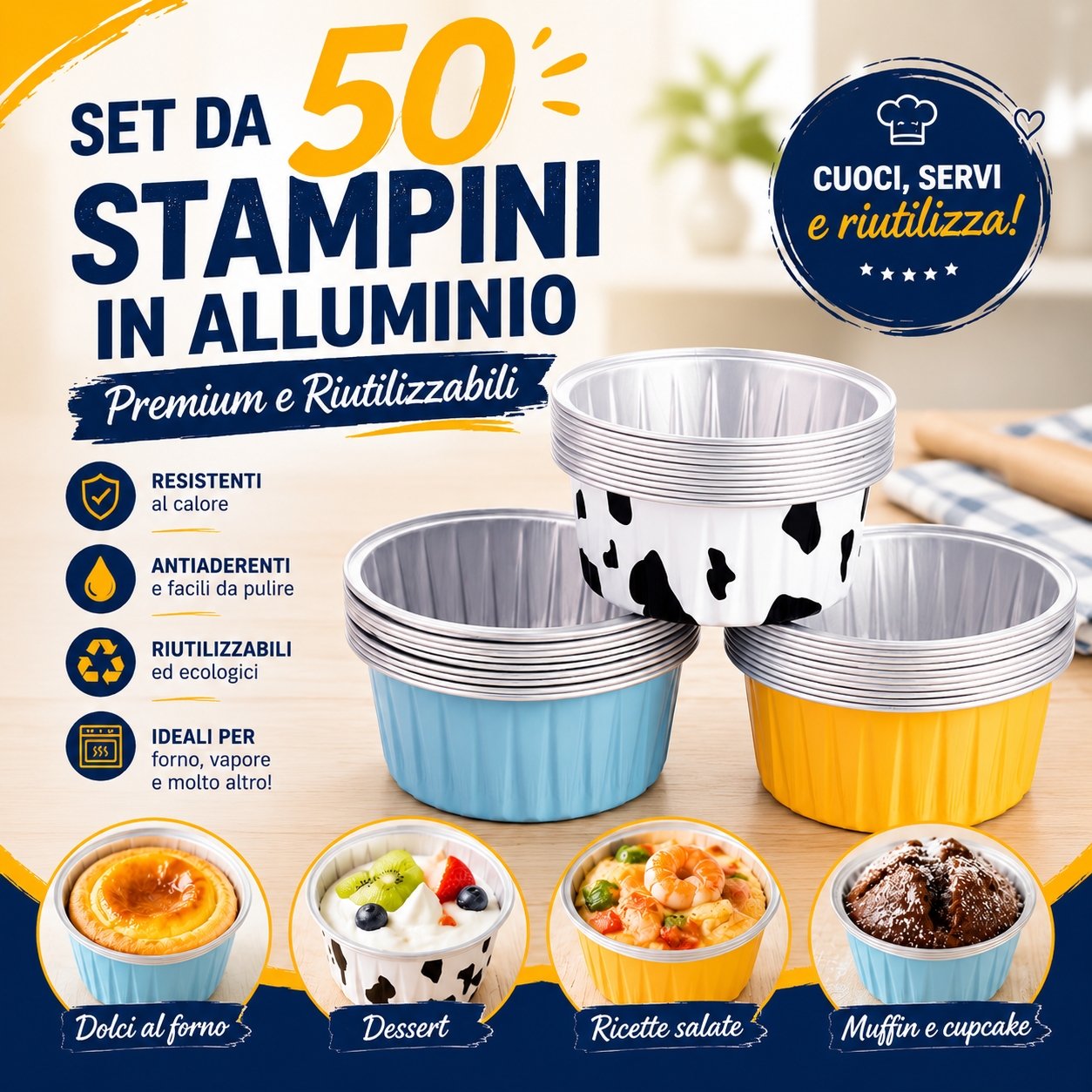 Combo da 40 Stampini in Alluminio Premium – Riutilizzabili, Ideali per Forno, Cottura al pore e Dolci Multifunzionali