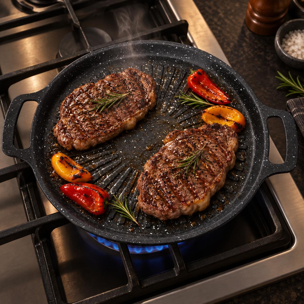 Piastra Grill a 6 Strati in Pietra Maifan, Resistente fino a 480 °C – Per Gas, Induzione, Vetroceramica e Infrarossi